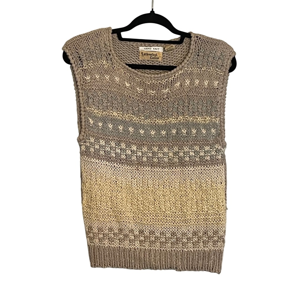 Littlewood & Green Hand Knit Ramie‎ Lambswool Sweater Vest Beige Cream Large